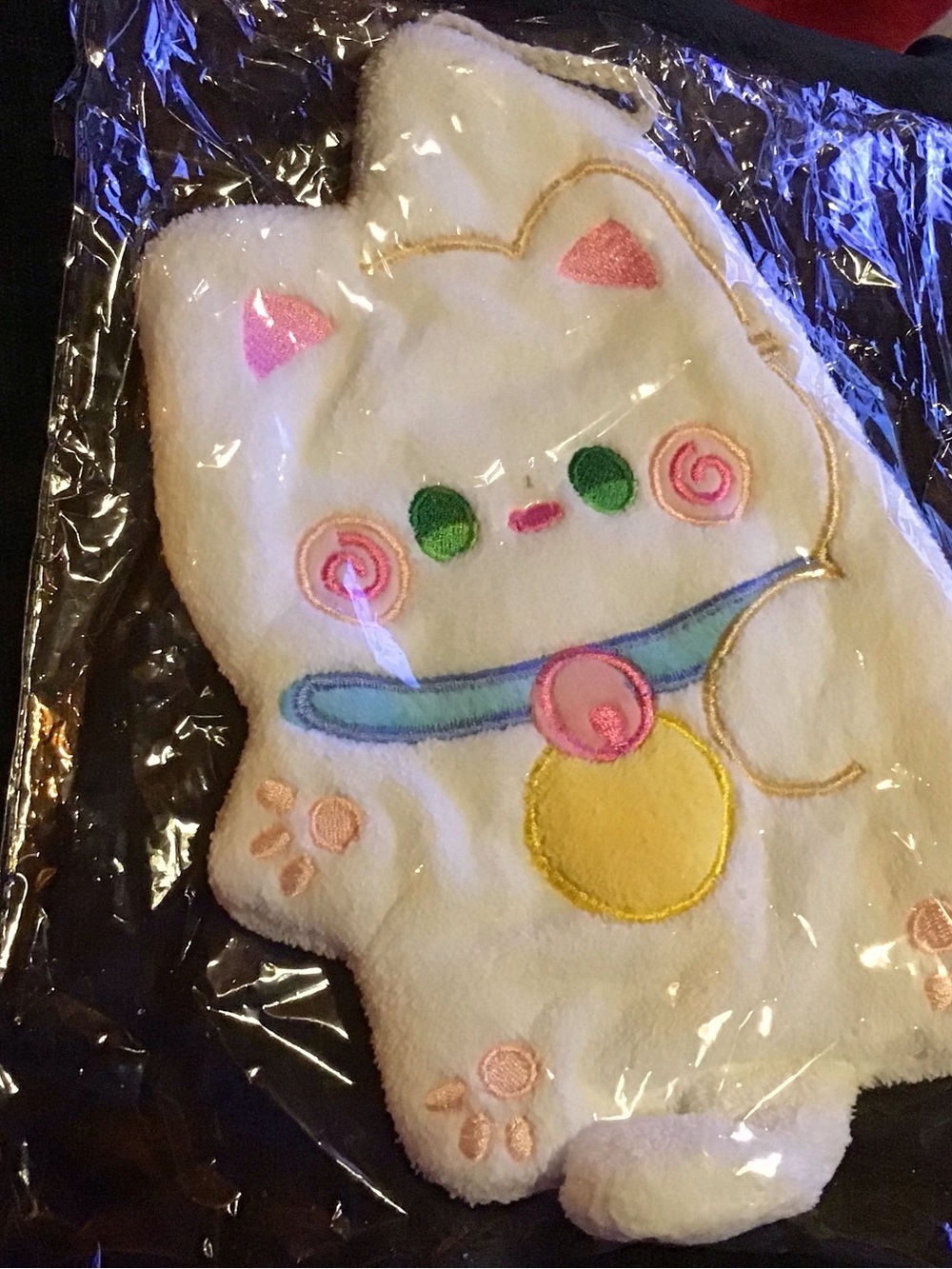 Plush White Cat hand towel with Pink & Green Embroidery - Cute Pet Plush
